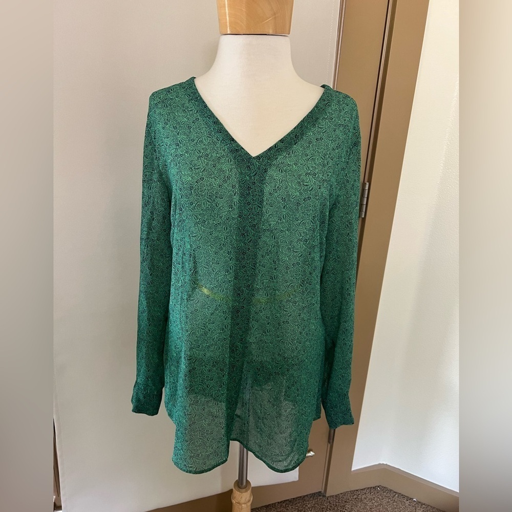 Cabi Womens Medium Green Blue‎ Floral Sheer Long Sleeve Blouse